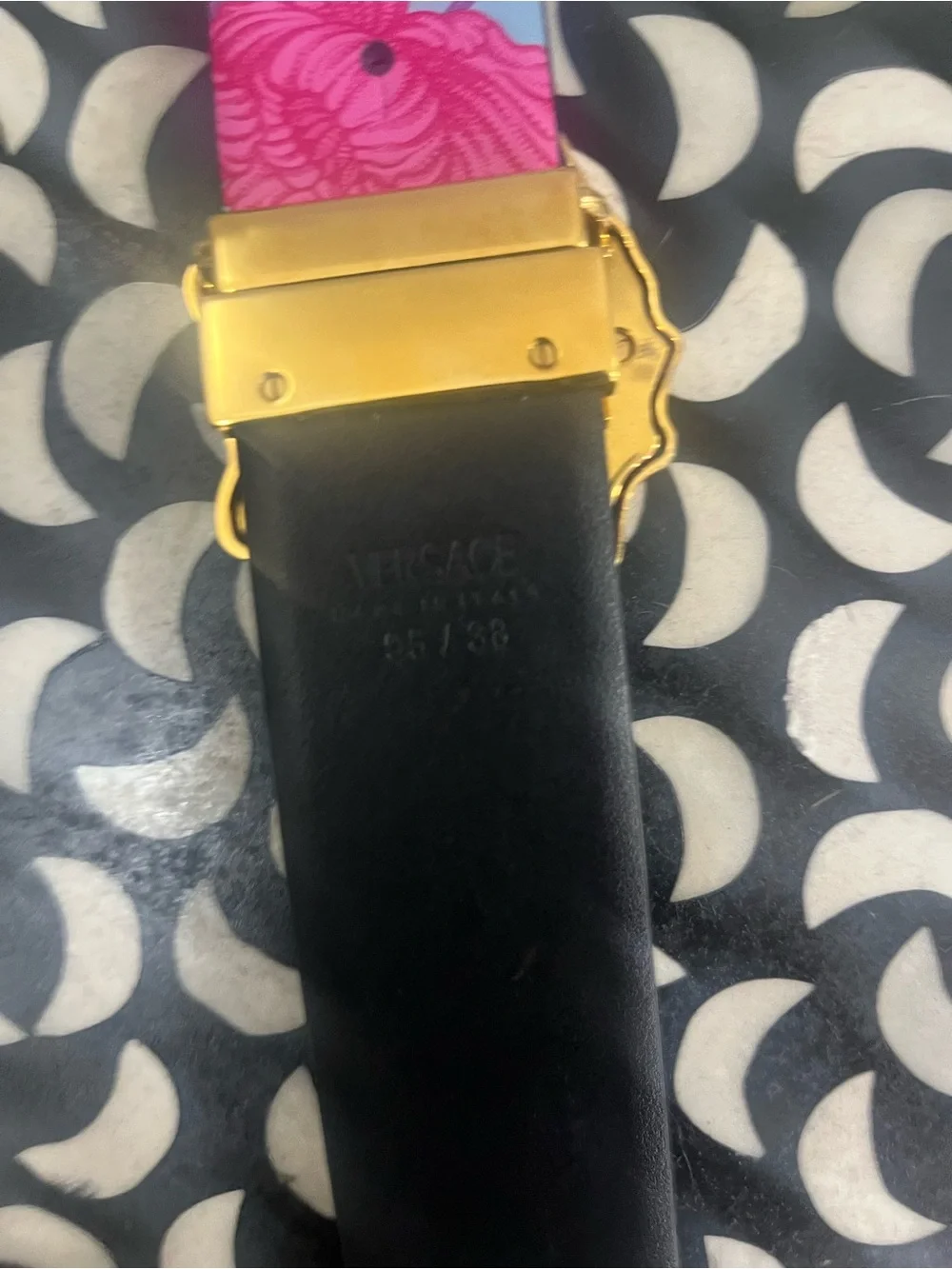Versace Black Leather Belt w/ Gold Medusa Buckle ( reversible Pink Floral)